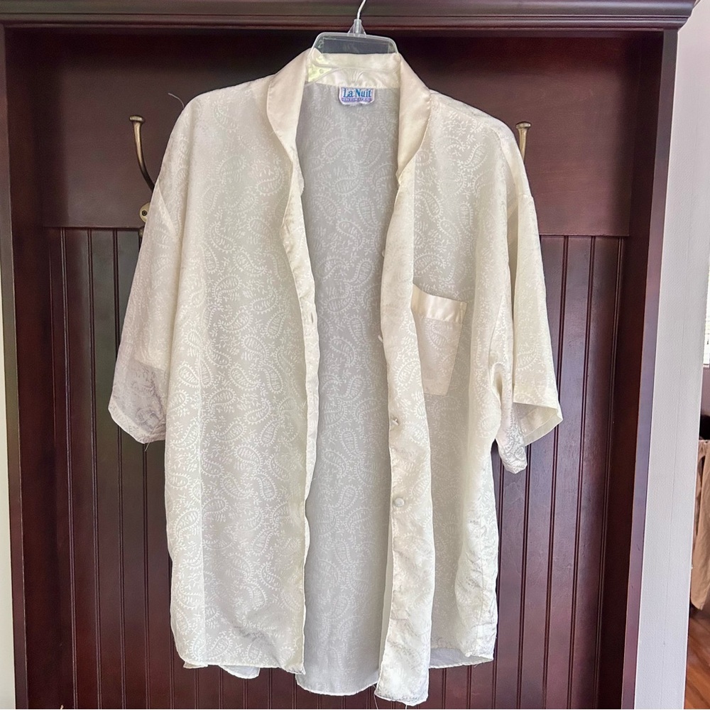 VINTAGE 90S LA NUIT Ivory Satin Jacquard Button Down Shirt Loungewear Top L / XL - Picture 2 of 14